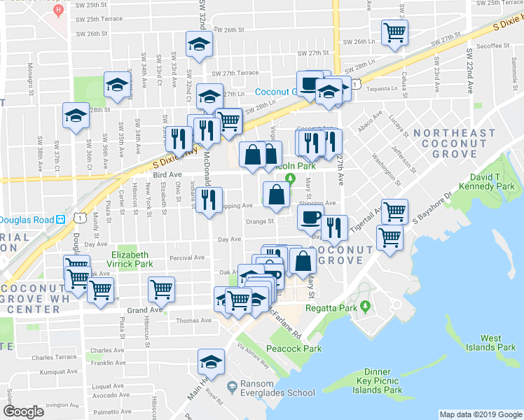 map of restaurants, bars, coffee shops, grocery stores, and more near 3075 Allamanda Street in Miami