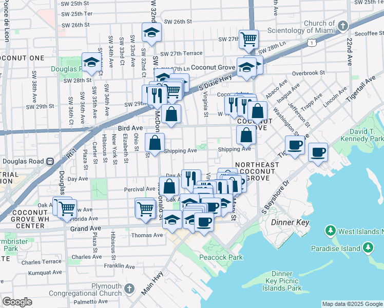 map of restaurants, bars, coffee shops, grocery stores, and more near 3075 Allamanda Street in Miami