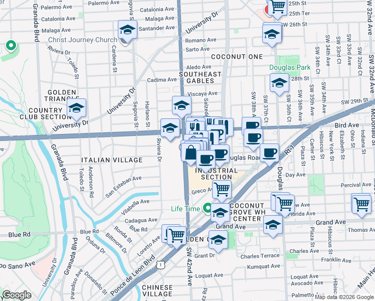 map of restaurants, bars, coffee shops, grocery stores, and more near in Coral Gables