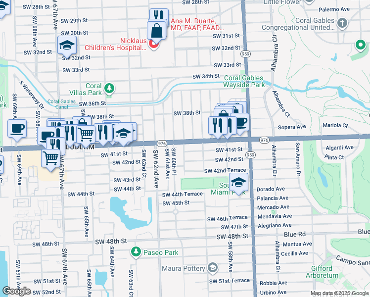 map of restaurants, bars, coffee shops, grocery stores, and more near 6001 Southwest 40th Street in Miami