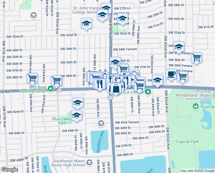 map of restaurants, bars, coffee shops, grocery stores, and more near 8701 Bird Road in Miami