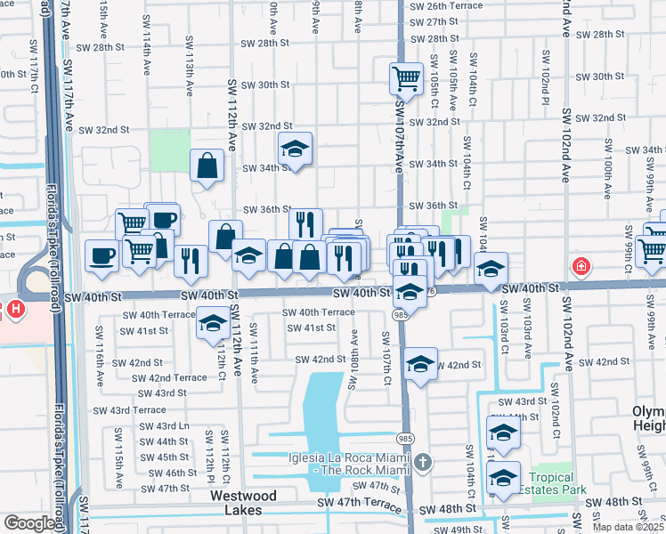 map of restaurants, bars, coffee shops, grocery stores, and more near 3745 Southwest 109th Avenue in Miami