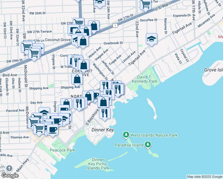 map of restaurants, bars, coffee shops, grocery stores, and more near 2545 South Bayshore Drive in Miami