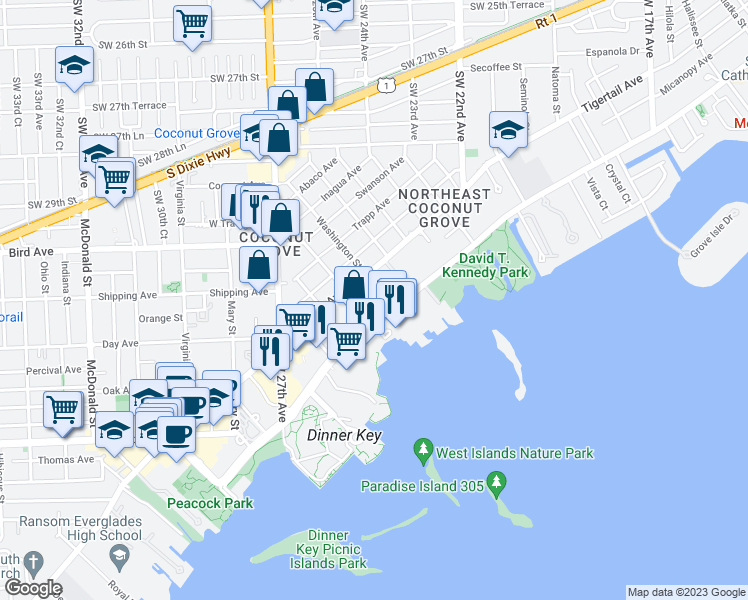map of restaurants, bars, coffee shops, grocery stores, and more near 0 Camino Circle in Miami