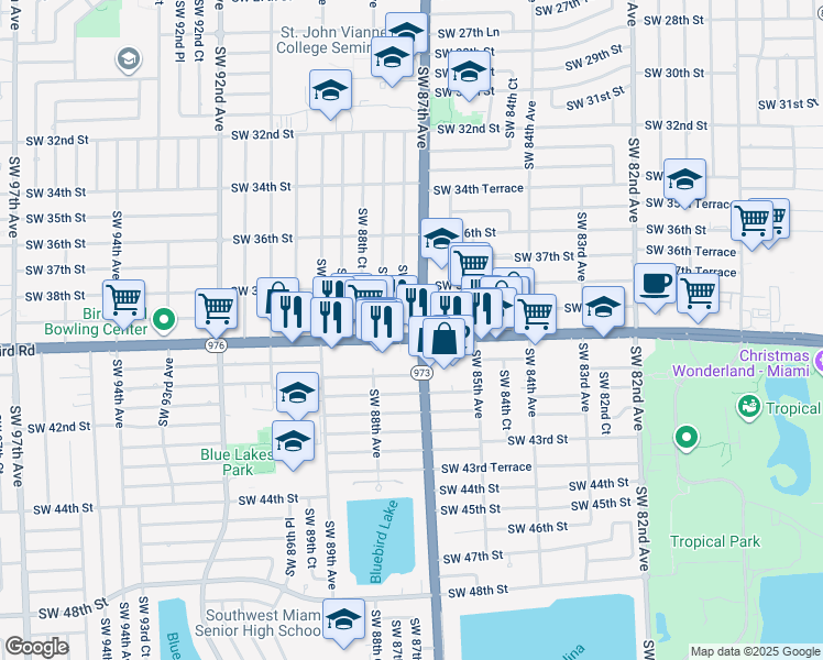 map of restaurants, bars, coffee shops, grocery stores, and more near 8701 Bird Road in Miami
