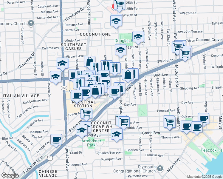 map of restaurants, bars, coffee shops, grocery stores, and more near 3050 Southwest 37th Avenue in Miami