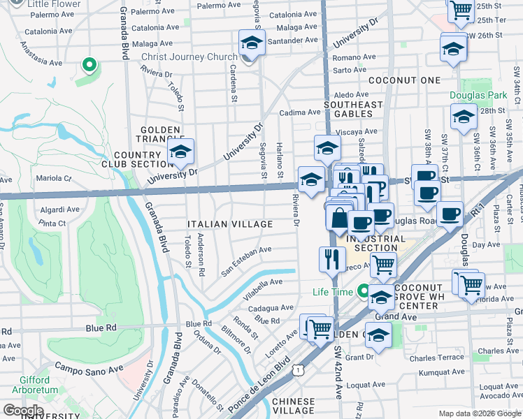 map of restaurants, bars, coffee shops, grocery stores, and more near 611 San Antonio Avenue in Coral Gables