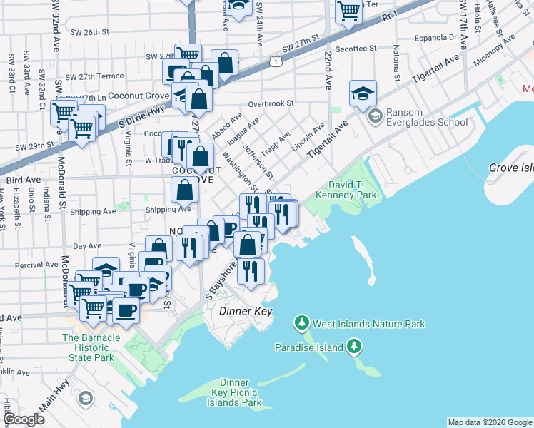 map of restaurants, bars, coffee shops, grocery stores, and more near 0 Camino Circle in Miami