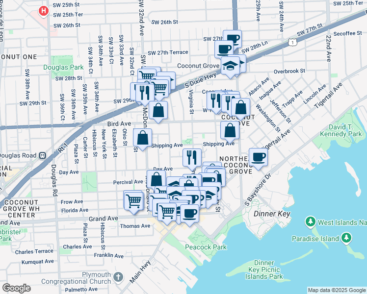 map of restaurants, bars, coffee shops, grocery stores, and more near 3075 Allamanda Street in Miami
