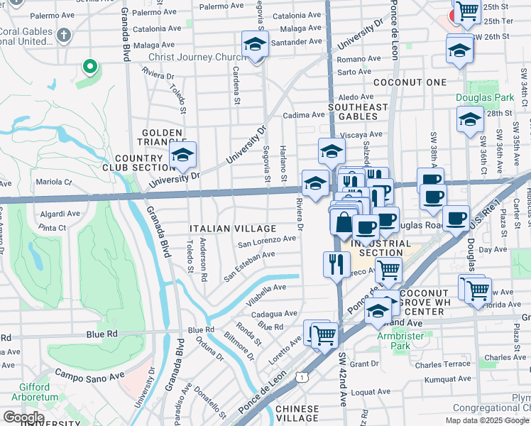 map of restaurants, bars, coffee shops, grocery stores, and more near 611 San Antonio Avenue in Coral Gables