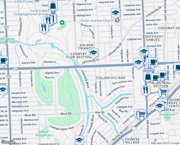 map of restaurants, bars, coffee shops, grocery stores, and more near 932 Bird Road in Coral Gables