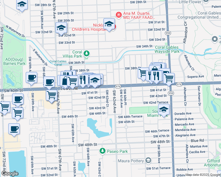 map of restaurants, bars, coffee shops, grocery stores, and more near 6205 Bird Road in Miami