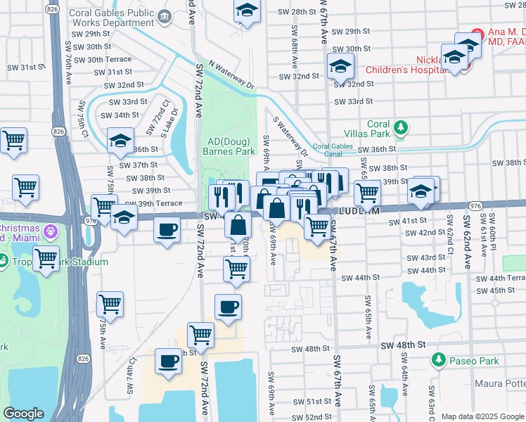 map of restaurants, bars, coffee shops, grocery stores, and more near 3950 Southwest 69th Avenue in Miami