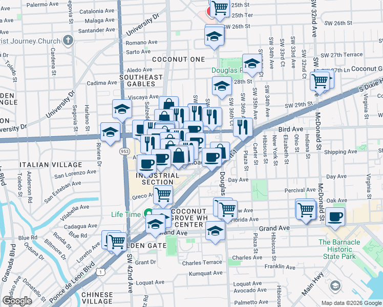 map of restaurants, bars, coffee shops, grocery stores, and more near 3050 Southwest 38th Avenue in Miami