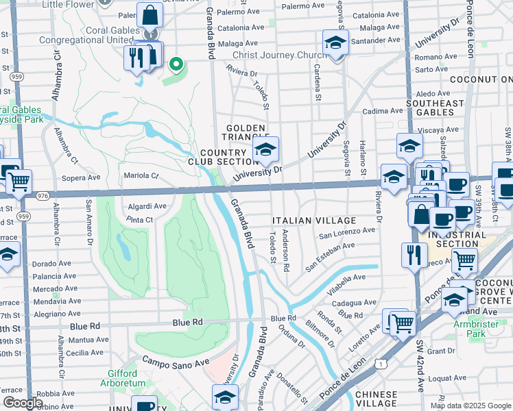 map of restaurants, bars, coffee shops, grocery stores, and more near 932 Bird Road in Coral Gables