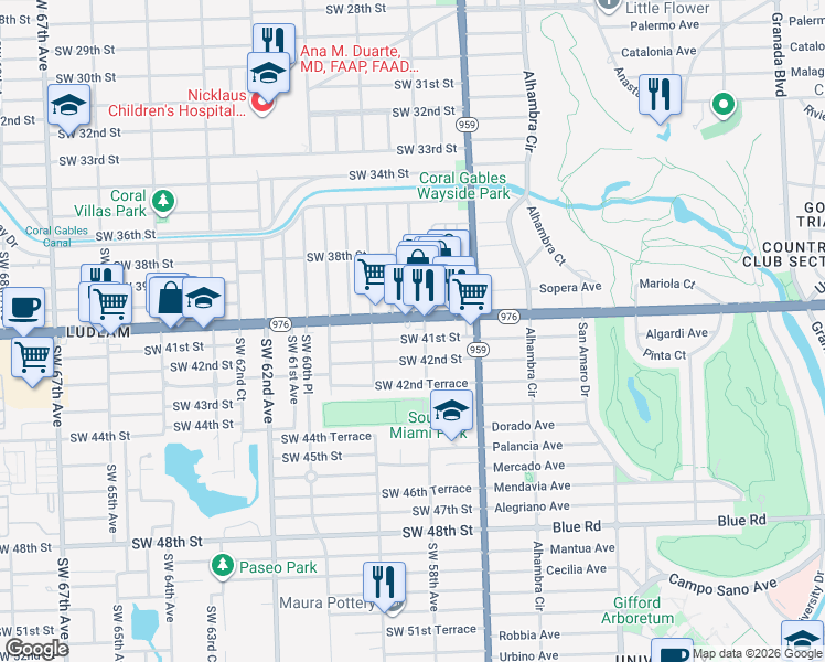map of restaurants, bars, coffee shops, grocery stores, and more near 5820 Southwest 40th Street in Miami
