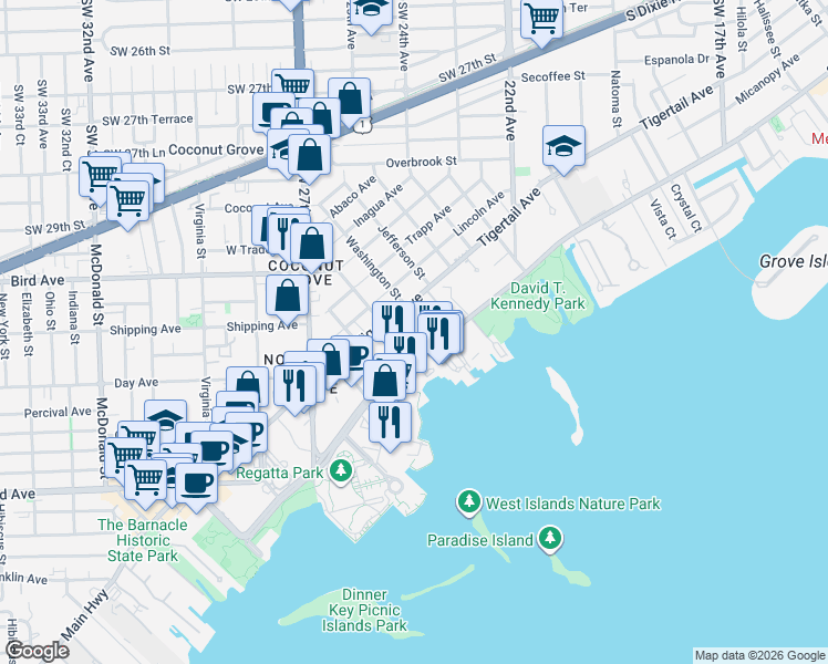 map of restaurants, bars, coffee shops, grocery stores, and more near 0 Camino Circle in Miami