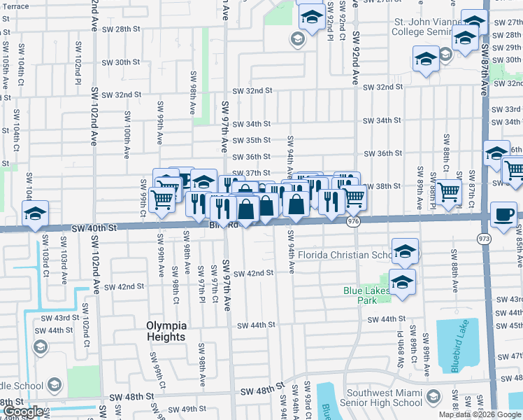 map of restaurants, bars, coffee shops, grocery stores, and more near 9443 Southwest 39th Street in Miami
