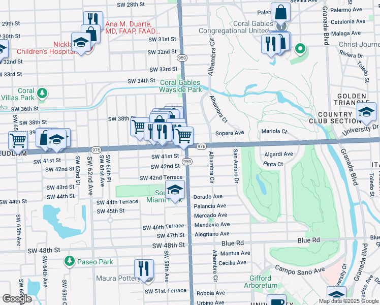 map of restaurants, bars, coffee shops, grocery stores, and more near 1581 Florida 976 in Coral Gables