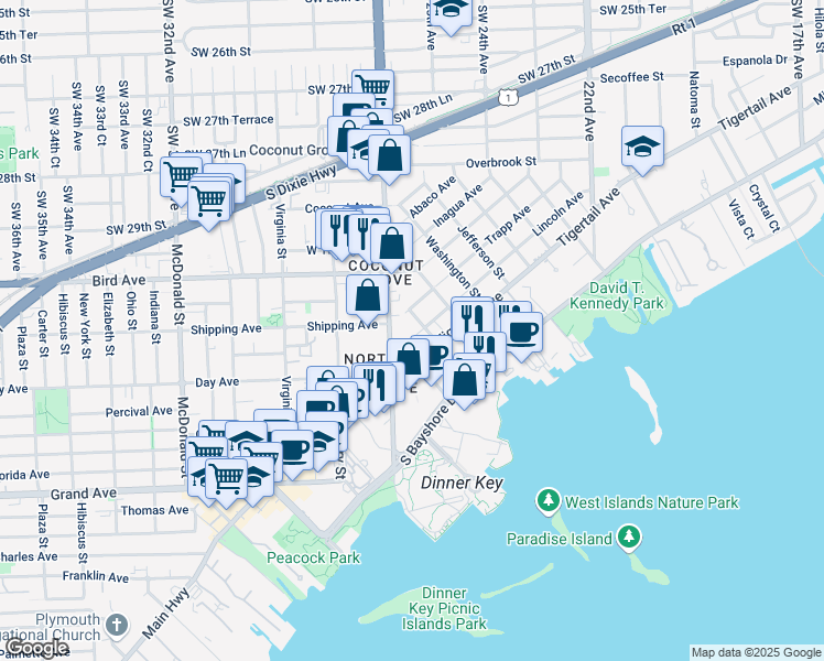 map of restaurants, bars, coffee shops, grocery stores, and more near 3073 Blaine Street in Miami
