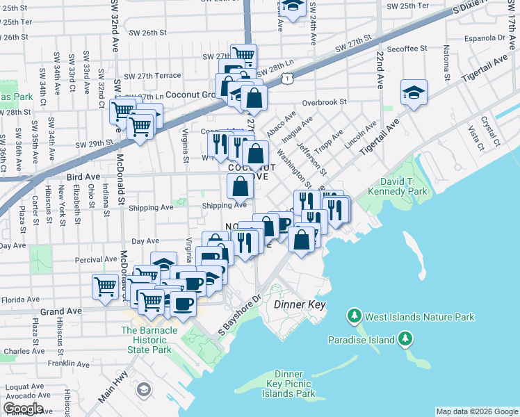 map of restaurants, bars, coffee shops, grocery stores, and more near 3073 Blaine Street in Miami