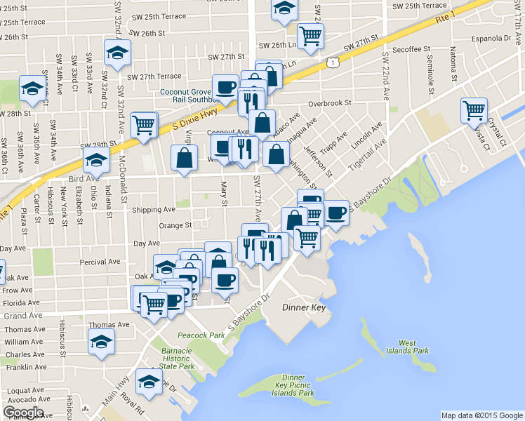 map of restaurants, bars, coffee shops, grocery stores, and more near 3084 Southwest 27th Avenue in Miami