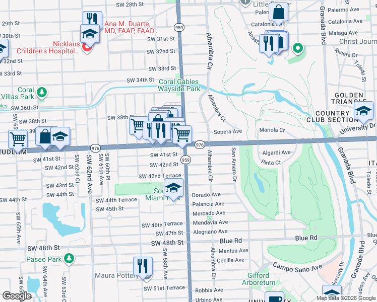 map of restaurants, bars, coffee shops, grocery stores, and more near in Coral Gables