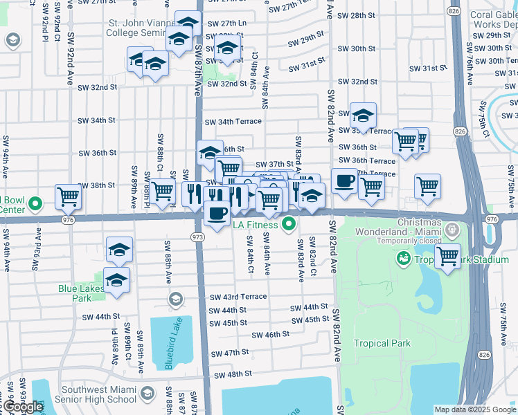 map of restaurants, bars, coffee shops, grocery stores, and more near 8437 Bird Road in Miami