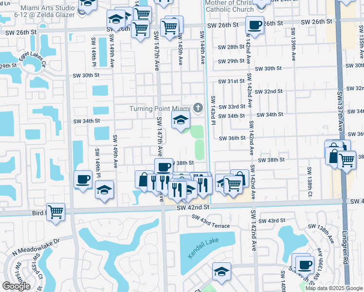 map of restaurants, bars, coffee shops, grocery stores, and more near 3601 Southwest 147th Avenue in Miami
