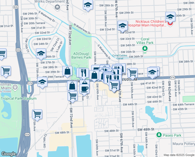 map of restaurants, bars, coffee shops, grocery stores, and more near 3950 Southwest 69th Avenue in Miami
