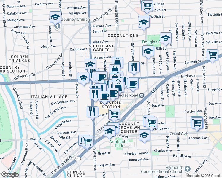 map of restaurants, bars, coffee shops, grocery stores, and more near 4099 Aurora Street in Coral Gables