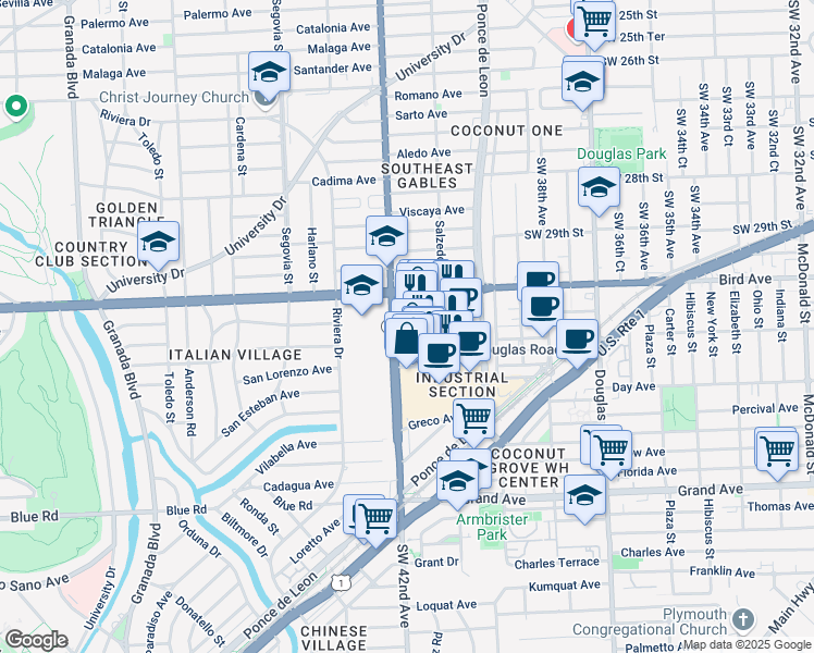 map of restaurants, bars, coffee shops, grocery stores, and more near in Coral Gables