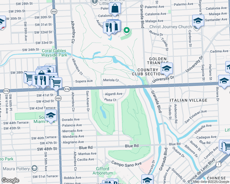 map of restaurants, bars, coffee shops, grocery stores, and more near 1230 Bird Road in Coral Gables