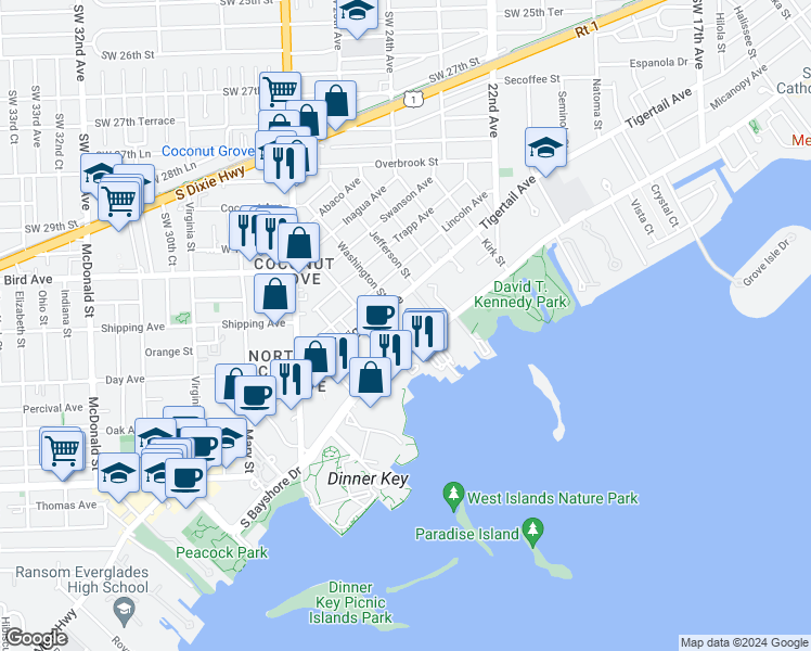 map of restaurants, bars, coffee shops, grocery stores, and more near 0 Camino Circle in Miami