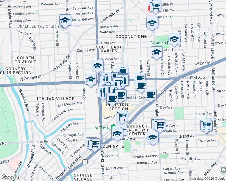 map of restaurants, bars, coffee shops, grocery stores, and more near 14 Salzedo Street in Coral Gables