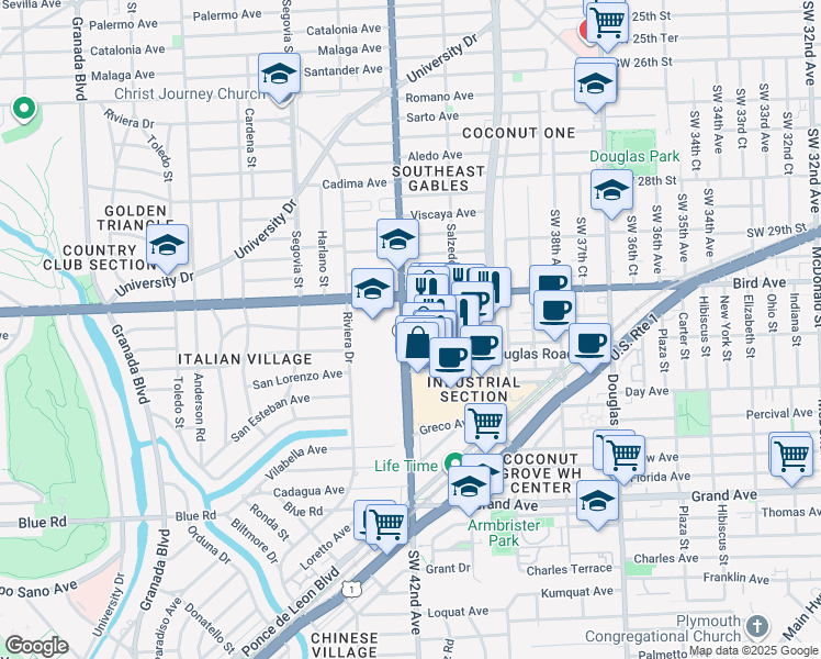 map of restaurants, bars, coffee shops, grocery stores, and more near in Coral Gables