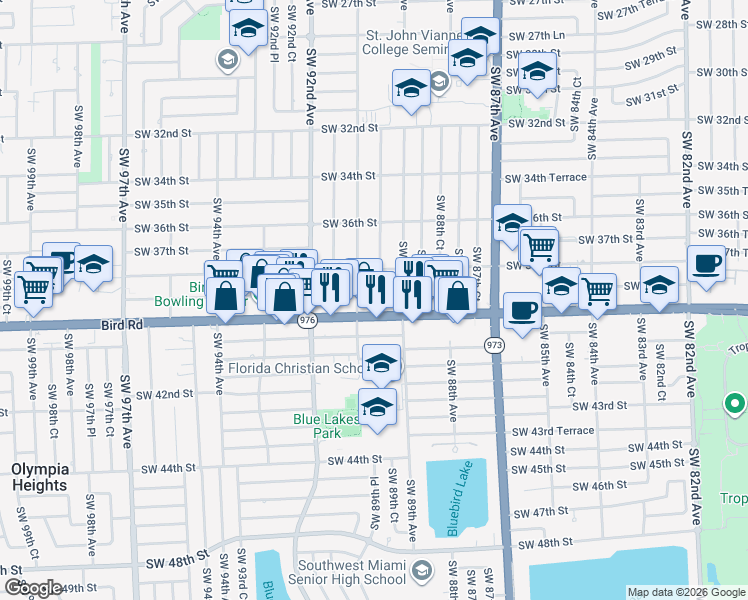 map of restaurants, bars, coffee shops, grocery stores, and more near 3849 Southwest 90th Avenue in Miami