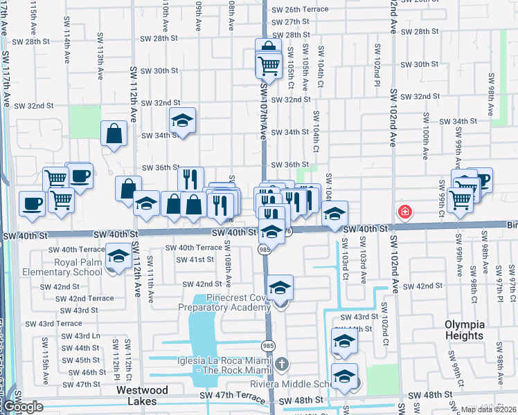 map of restaurants, bars, coffee shops, grocery stores, and more near 10730 Southwest 38th Street in Miami