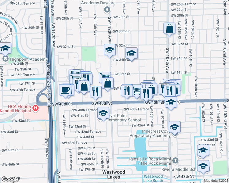 map of restaurants, bars, coffee shops, grocery stores, and more near 11030 Southwest 38th Street in Miami