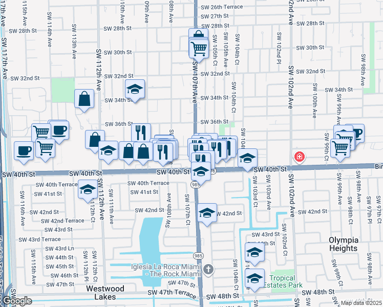map of restaurants, bars, coffee shops, grocery stores, and more near 10730 Southwest 38th Street in Miami