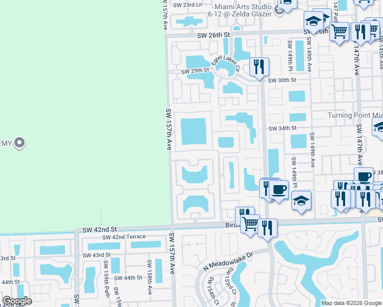 map of restaurants, bars, coffee shops, grocery stores, and more near 15543 Southwest 35th Terrace in Miami