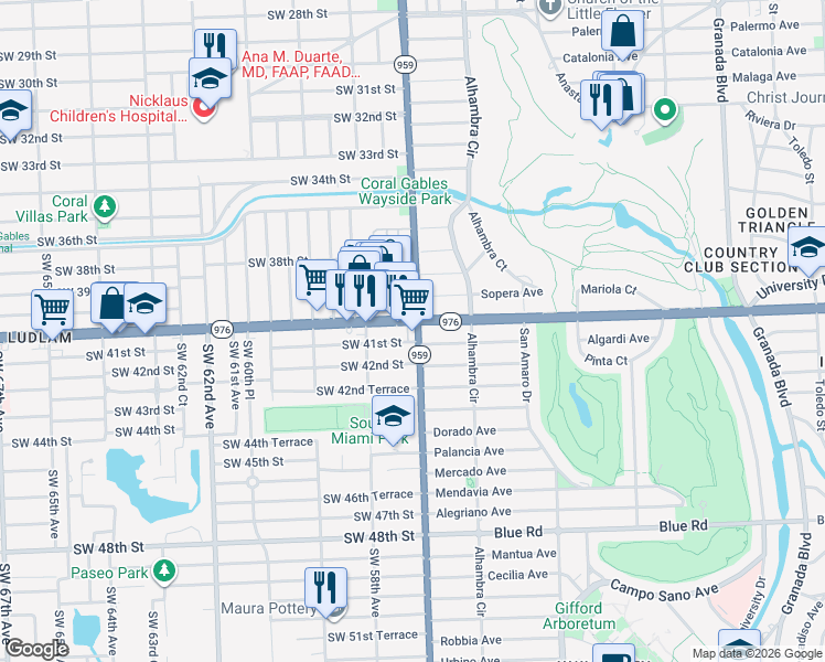 map of restaurants, bars, coffee shops, grocery stores, and more near in Coral Gables