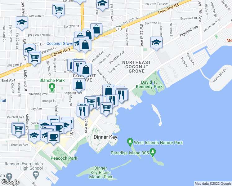 map of restaurants, bars, coffee shops, grocery stores, and more near 0 Camino Circle in Miami