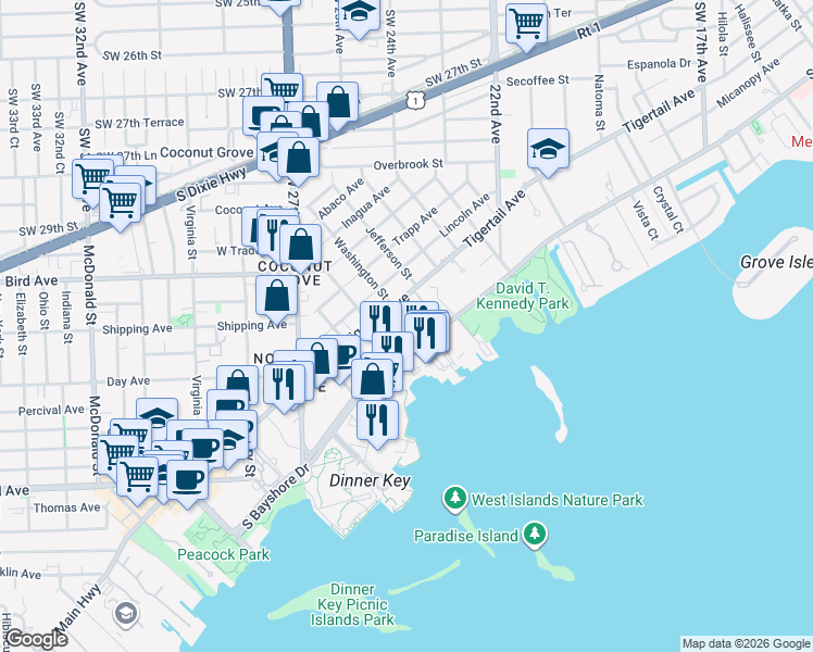 map of restaurants, bars, coffee shops, grocery stores, and more near 0 Camino Circle in Miami