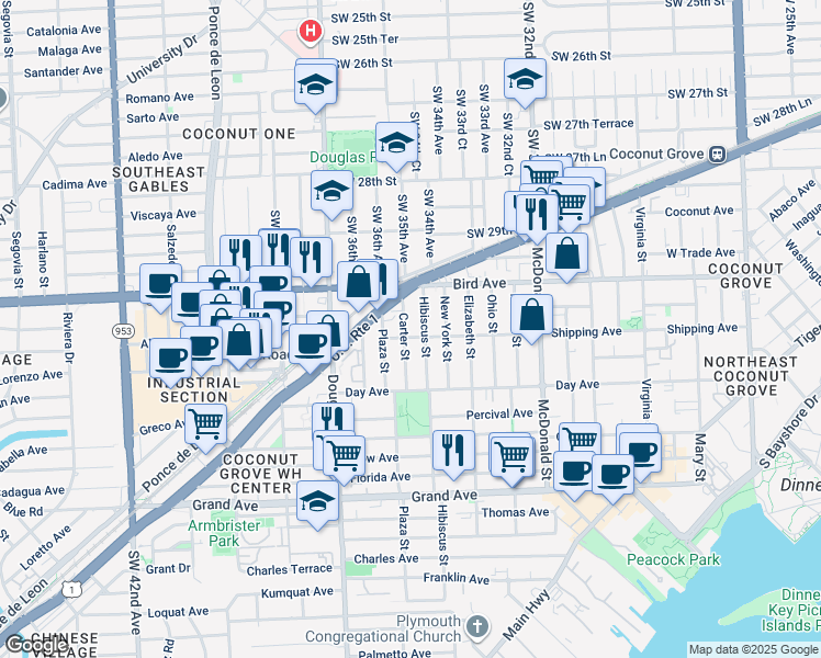 map of restaurants, bars, coffee shops, grocery stores, and more near 3055 Plaza Street in Miami