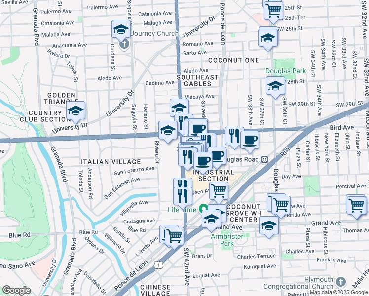 map of restaurants, bars, coffee shops, grocery stores, and more near in Coral Gables