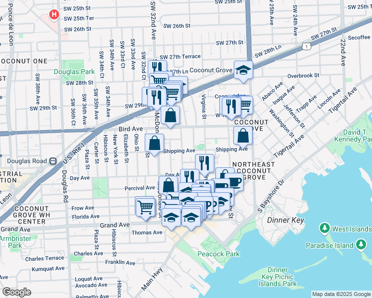 map of restaurants, bars, coffee shops, grocery stores, and more near 3087 Shipping Avenue in Miami