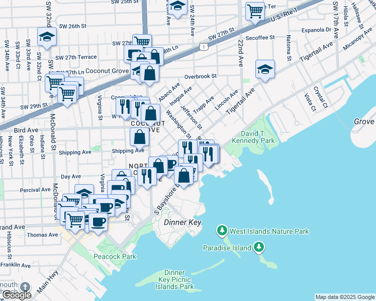 map of restaurants, bars, coffee shops, grocery stores, and more near 3124 Aviation Avenue in Miami