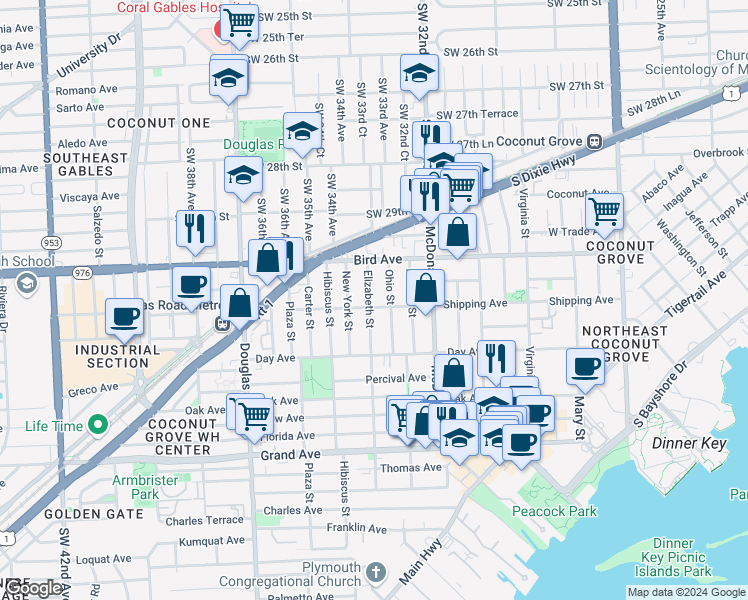 map of restaurants, bars, coffee shops, grocery stores, and more near 3071 Elizabeth Street in Miami