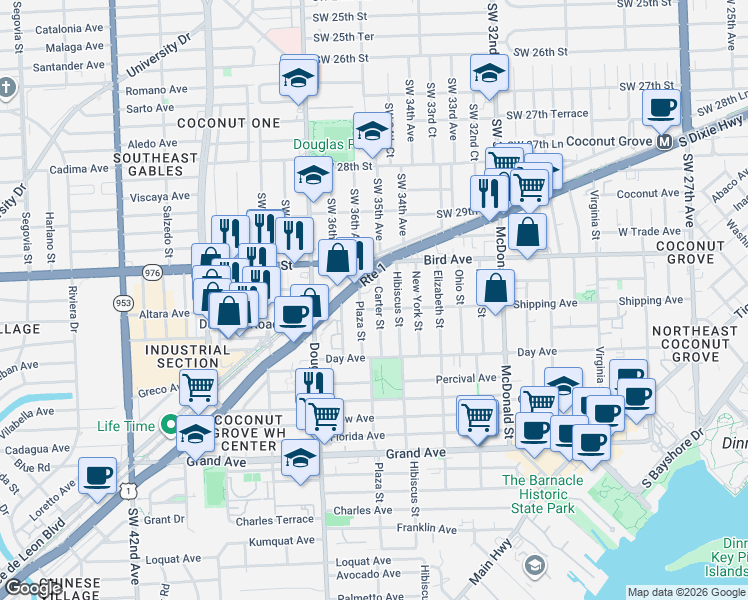map of restaurants, bars, coffee shops, grocery stores, and more near 3055 Plaza Street in Miami